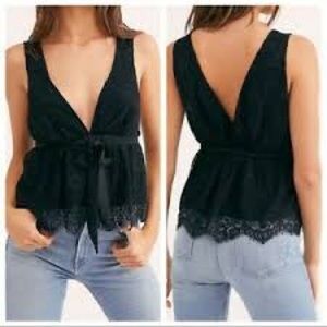NWT | FREE PEOPLE | Chante Lace Tank Deep V Black | Size Medium